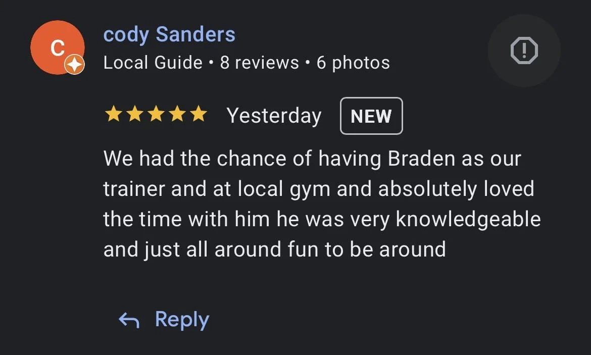 Screenshot of a Yelp review for a business named Cody Sanders, featuring a 5-star rating, with a review mentioning having a trainer named Braden, and enjoying the experience at the gym.