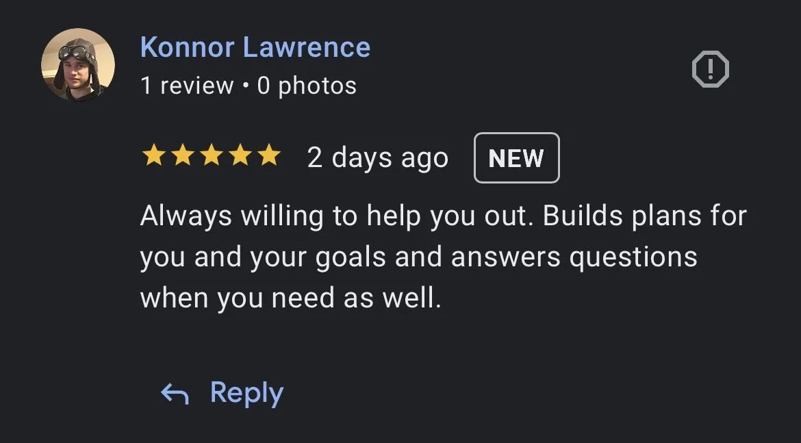 Screenshot of a profile review for Konnor Lawrence, showing a 5-star rating, with a comment praising willingness to help, build plans, and answer questions.