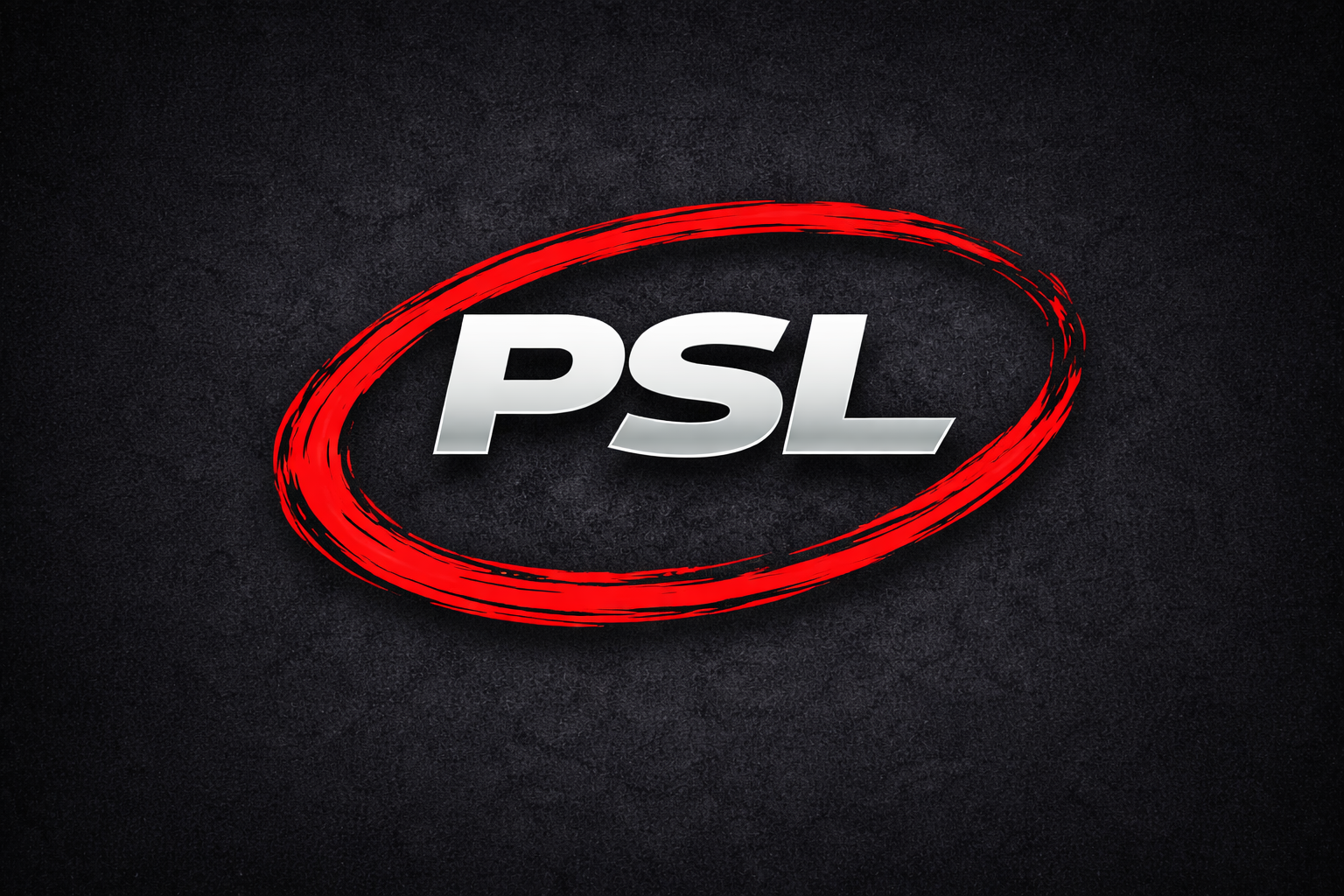 The PSL logo with the letters 'PSL' in silver font inside a red, hand-drawn oval on a textured black background.