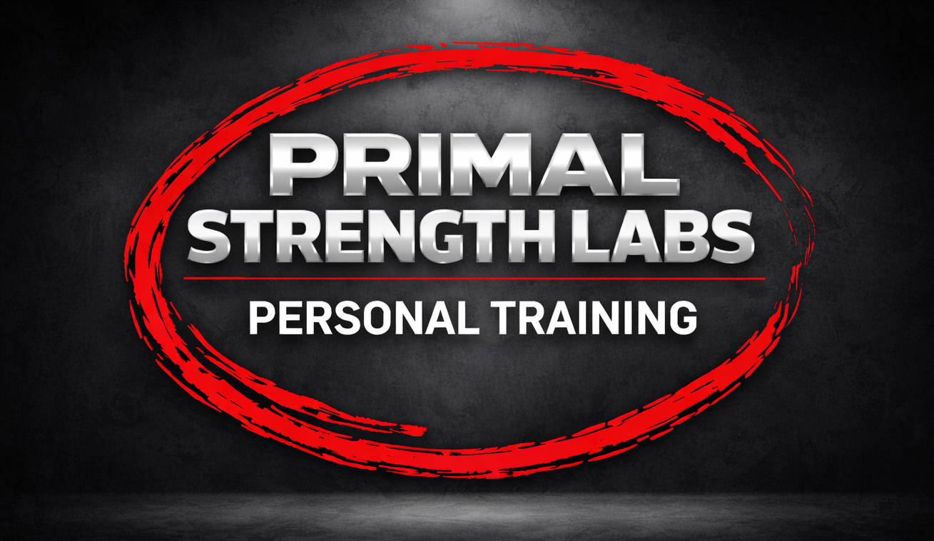 Primal Strength Labs Personal Training logo with black background, red oval brushstroke, and white bold text.