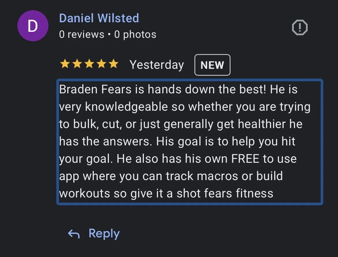 Screenshot of a customer review for Braden Fears, praising his knowledge and support in fitness and macro tracking app.
