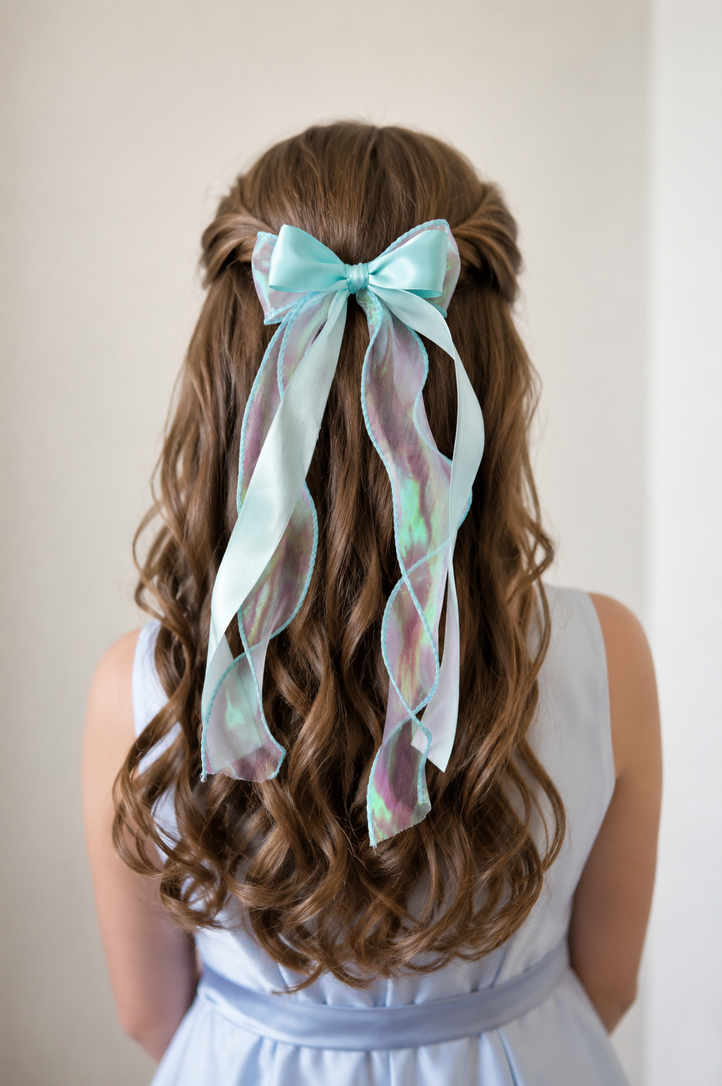 Pastel Blue Satin Organza Ribbon Hair Bow Clip