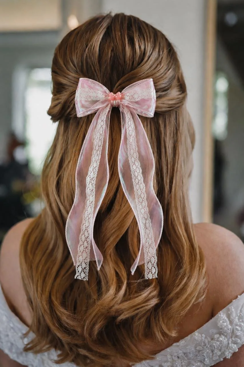 Pink Floral Lace Organza Ribbon Hairbow_Woman Model 3.jpeg