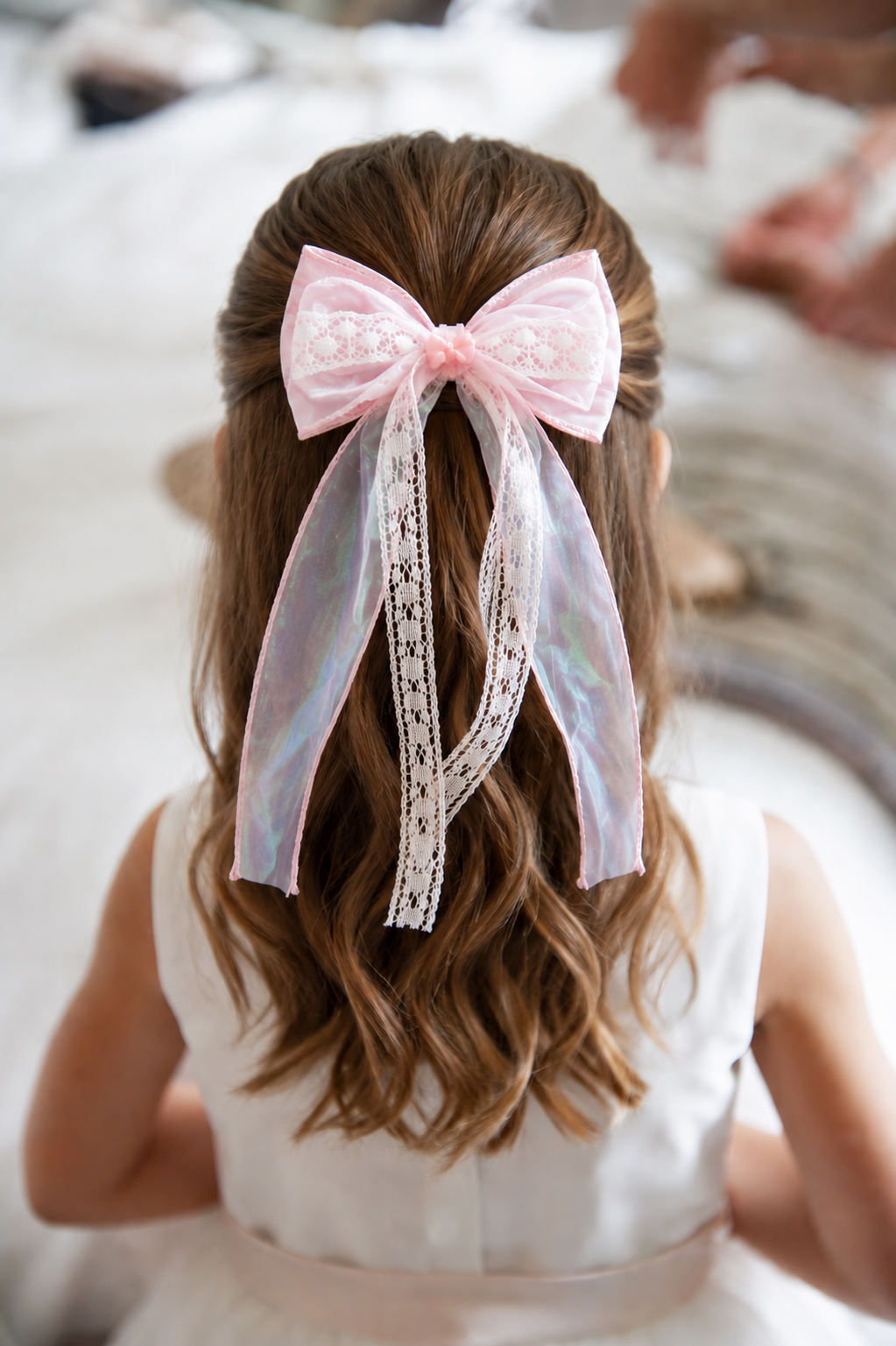 Pink Floral Lace Organza Ribbon Hairbow_Child Model.png