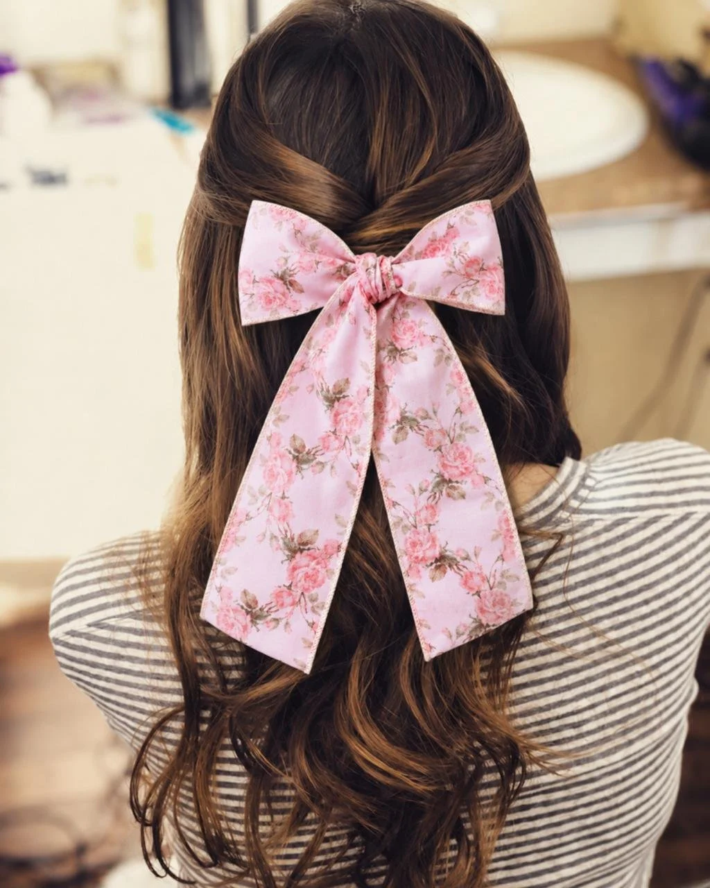Classic Pink Floral Ribbon Bow