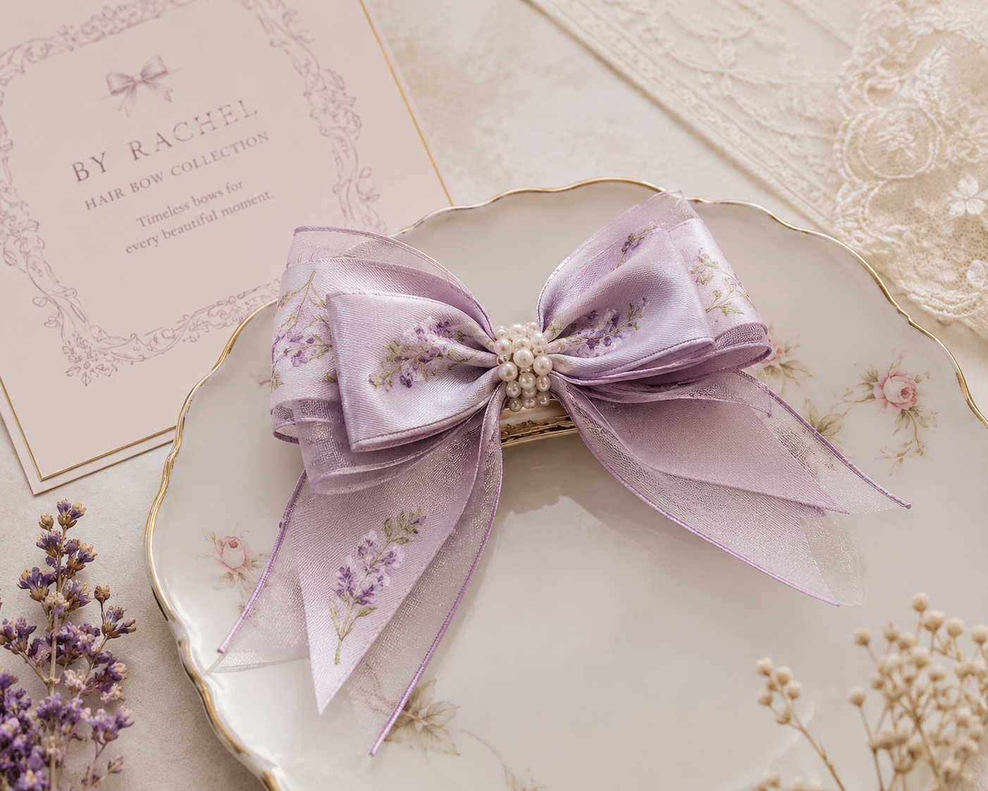 A lavender hair bow with pearl accents on a floral-patterned ceramic plate, surrounded by lavender and white flowers, with a card and lace fabric nearby.