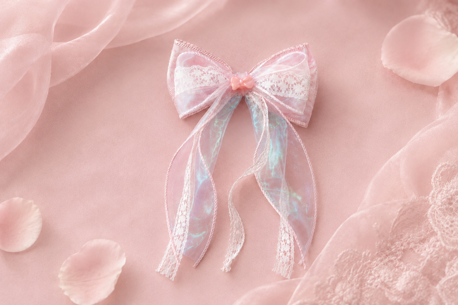 Pink lace bow with iridescent ribbons on pink background surrounded by scattered rose petals and lace fabric.