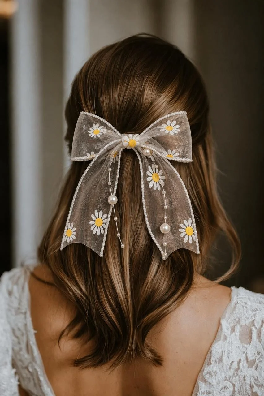 Daisy Pearl Organza Ribbon Hairbow