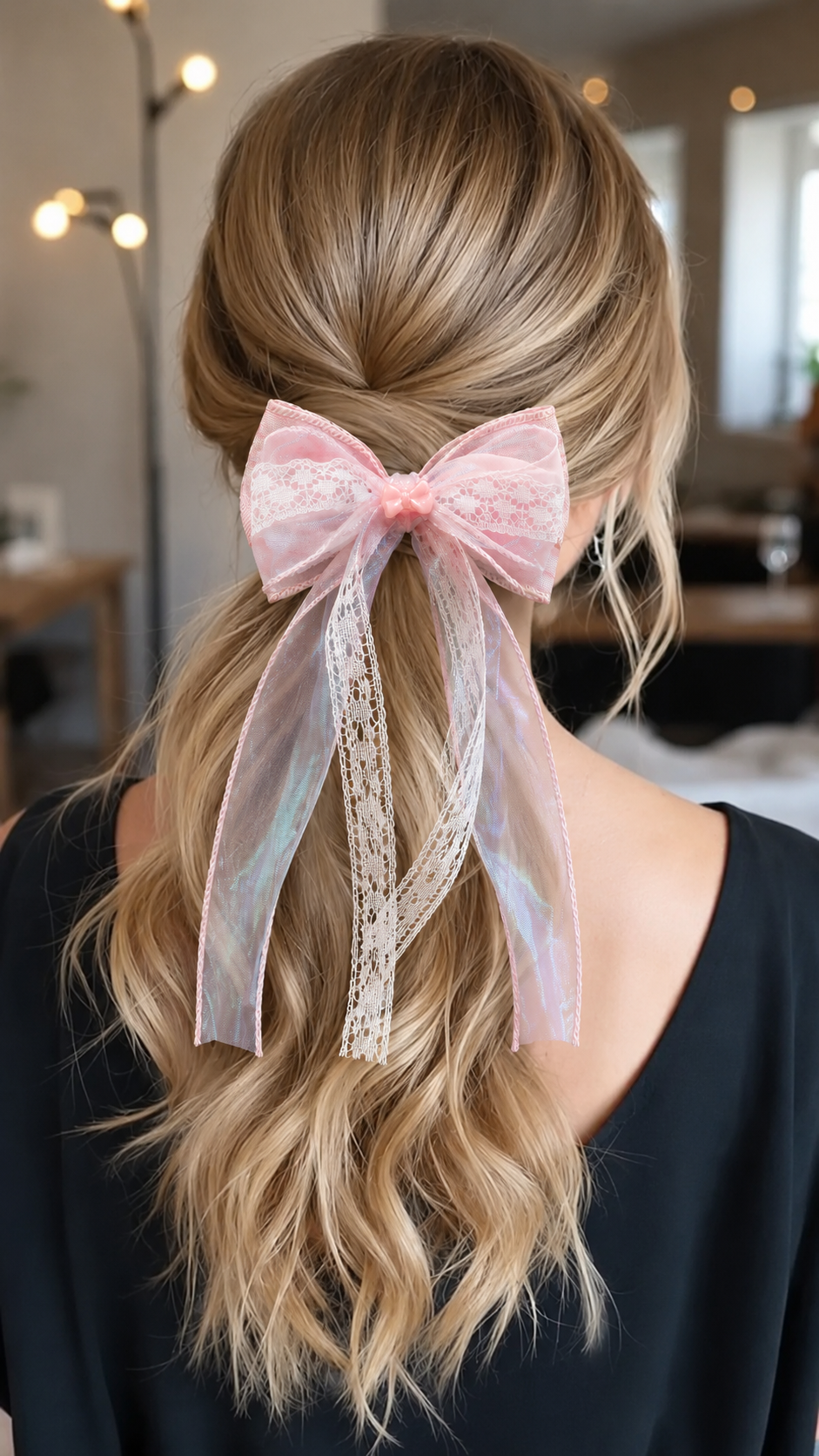 Pink Floral Lace Organza Ribbon Hairbow_Woman Model 2.png