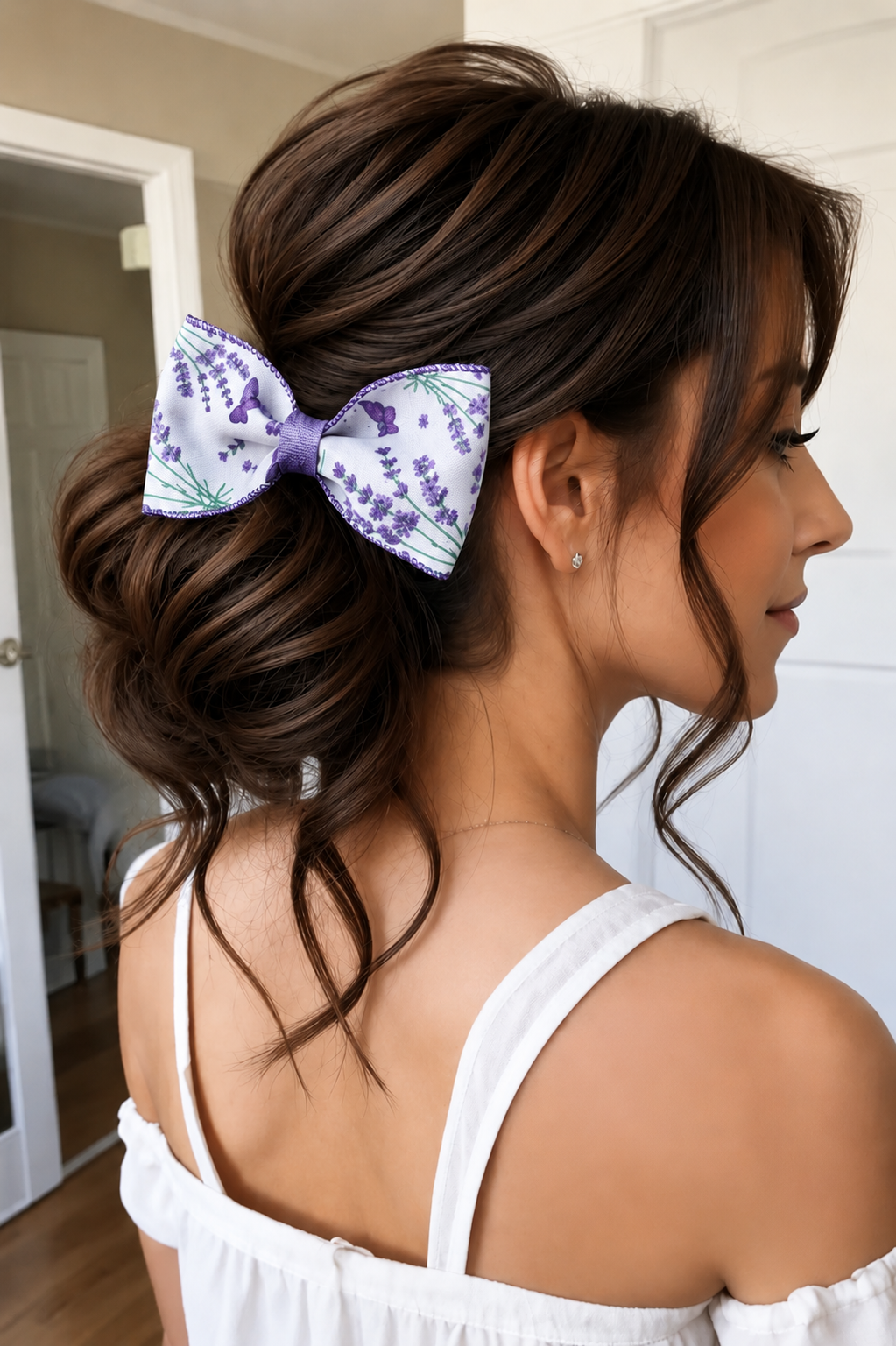 Side profile of a woman with brown, wavy hair wearing a lavender-patterned bow in her hair, a white off-shoulder top, and a small earring, indoors with a door and mirror in the background.