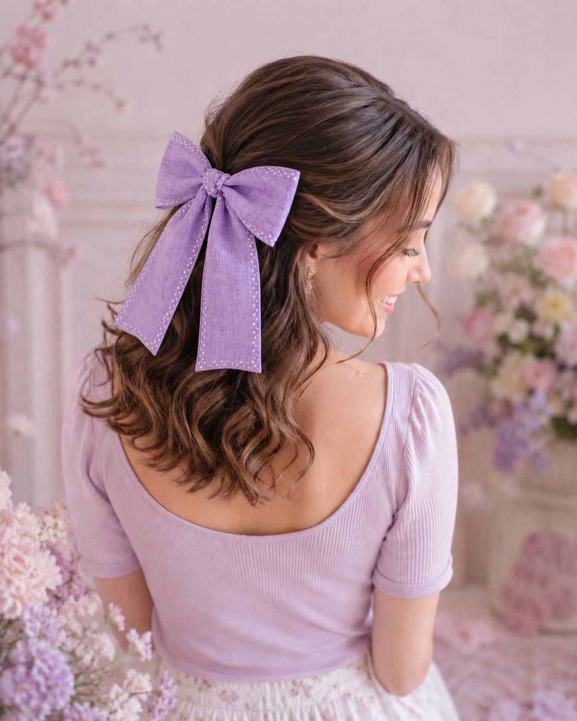 Lavender Classic Ribbon Hairbow_Woman Model.png