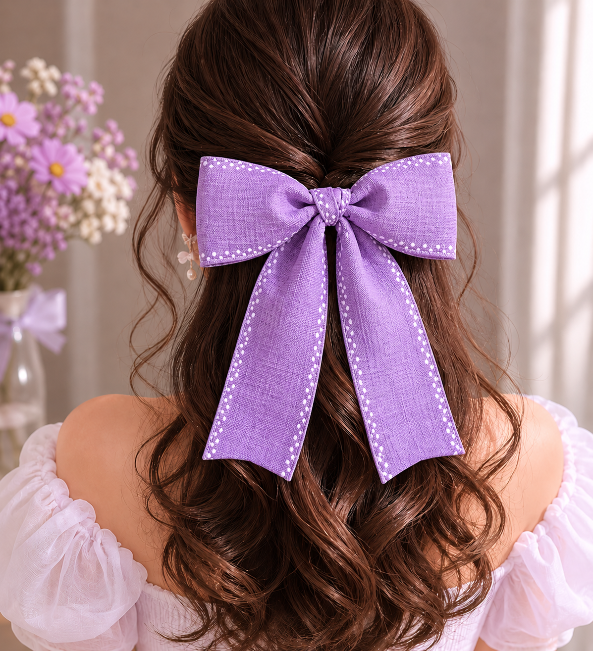 Lavender Classic Ribbon Hairbow_Woman Model 2.png