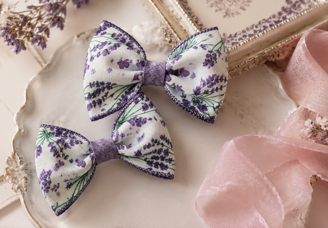 Two fabric lavender-print bows with purple edges on a white decorative plate, surrounded by pink ribbon and a picture frame.