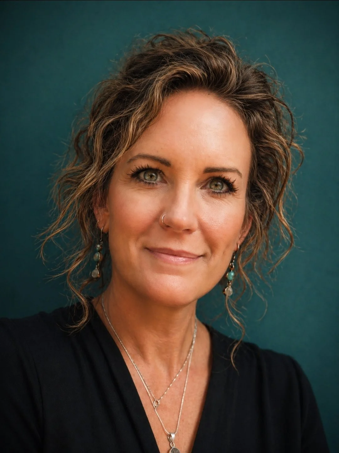 A woman with short, curly brown hair and green eyes, wearing multiple silver necklaces and earrings, smiling softly against a dark green background.