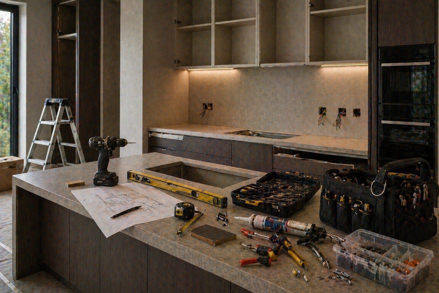 Kitchen under renovation with tools and equipment on the island counter, including a cordless drill, level, tape measure, screwdrivers, and tool bags, with unfinished cabinets and open wall outlets.