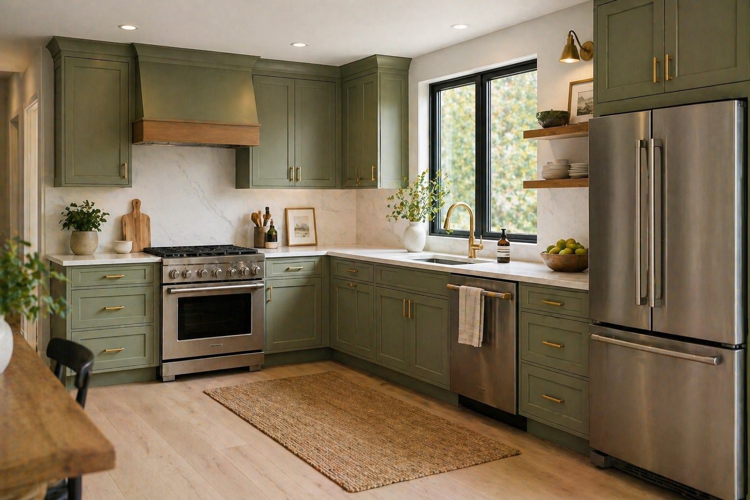Modern kitchen with green cabinets, stainless steel appliances, marble backsplash, and wooden accents, illuminated by natural light from a large window.