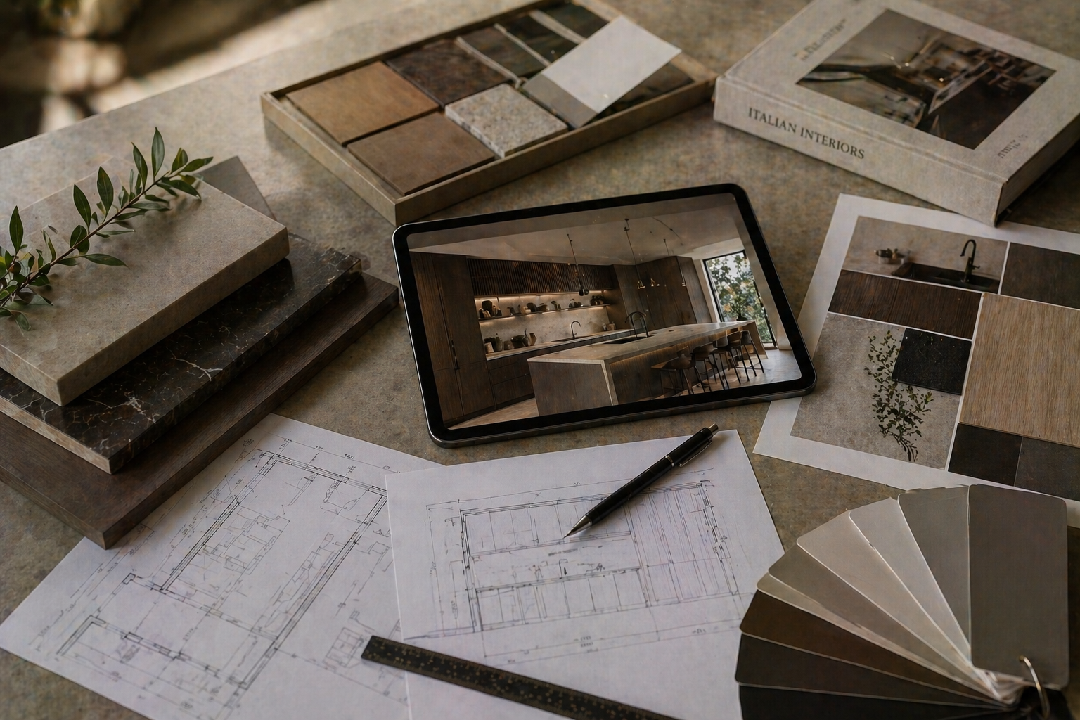 Design plans, material samples, and interior photos on a workspace table for a kitchen renovation project.