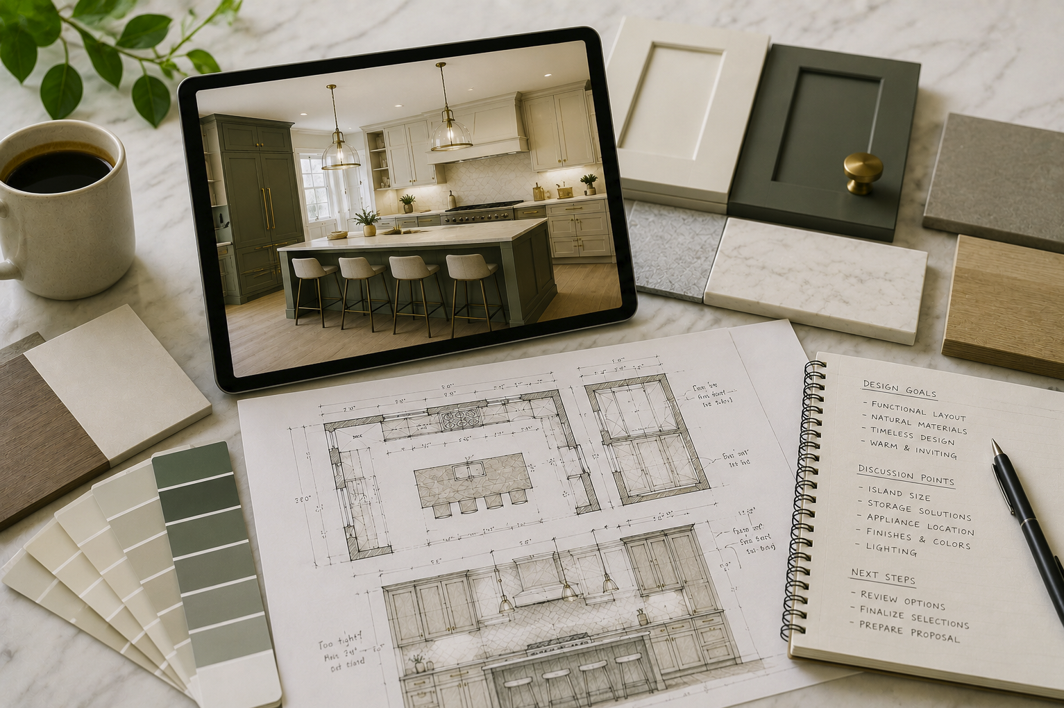 Design plans and material samples for a kitchen renovation on a worktable, with a tablet displaying a completed kitchen image, a cup of coffee, and a notebook with design goals and discussion points.