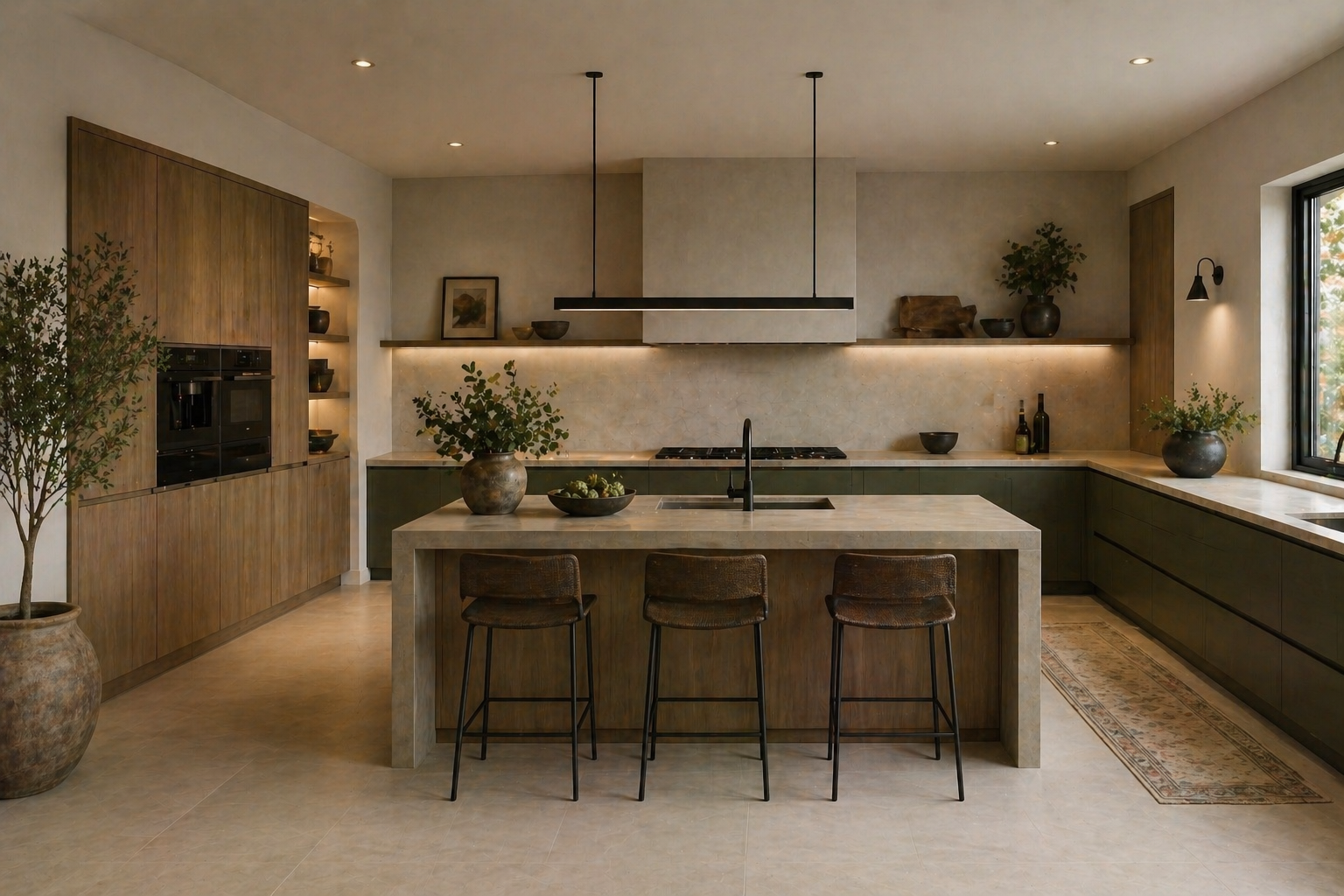 Modern kitchen with wooden cabinets, a central island with a sink, three bar stools, black appliances, and natural light from a large window.