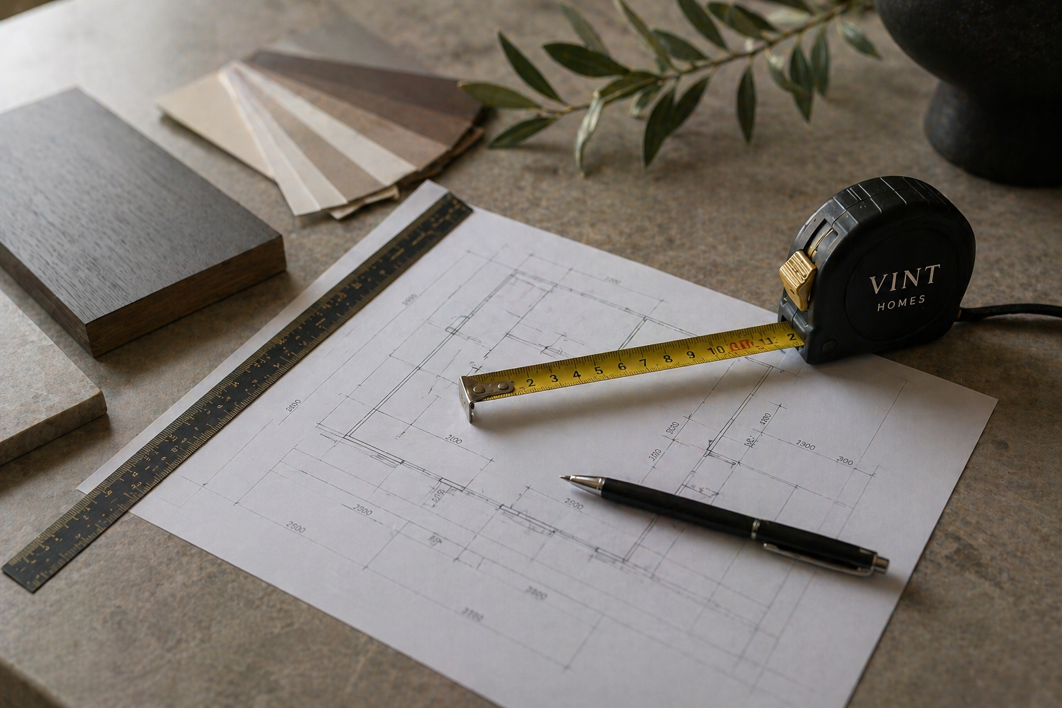 Architectural blueprint on a worktable with measuring tape, pen, color samples, and plant in the background.