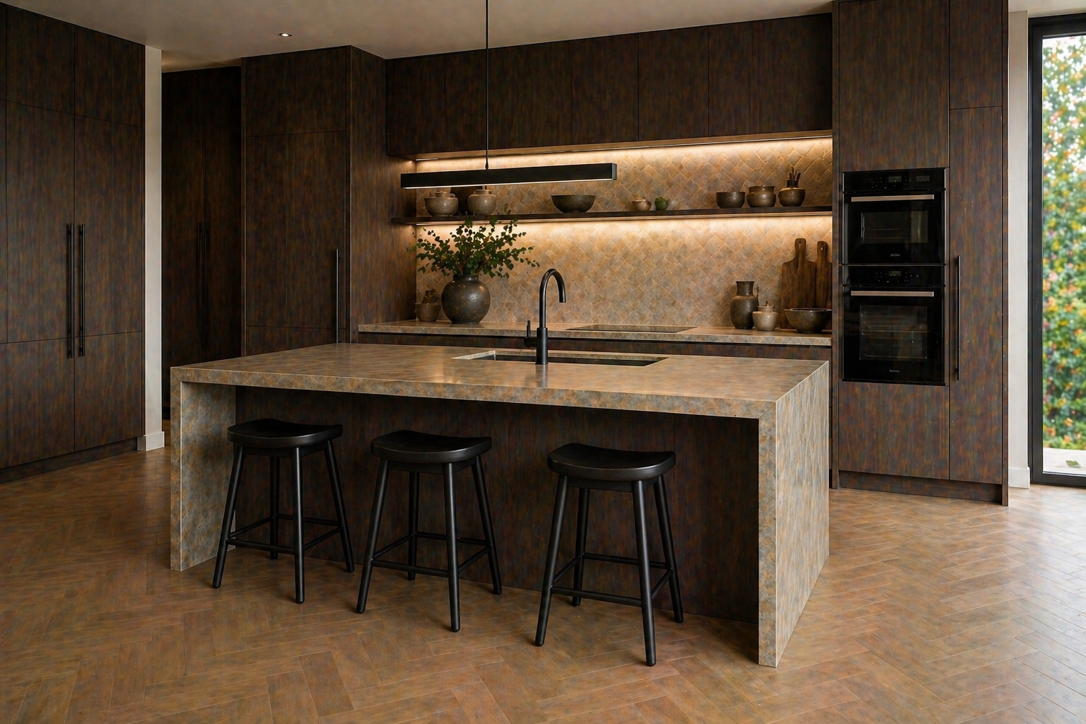 Modern kitchen with dark wood cabinets, a kitchen island with a stone countertop and three black stools, black sink faucet, built-in oven, open shelving with ceramic vases, and a sliding glass door showing trees outside.