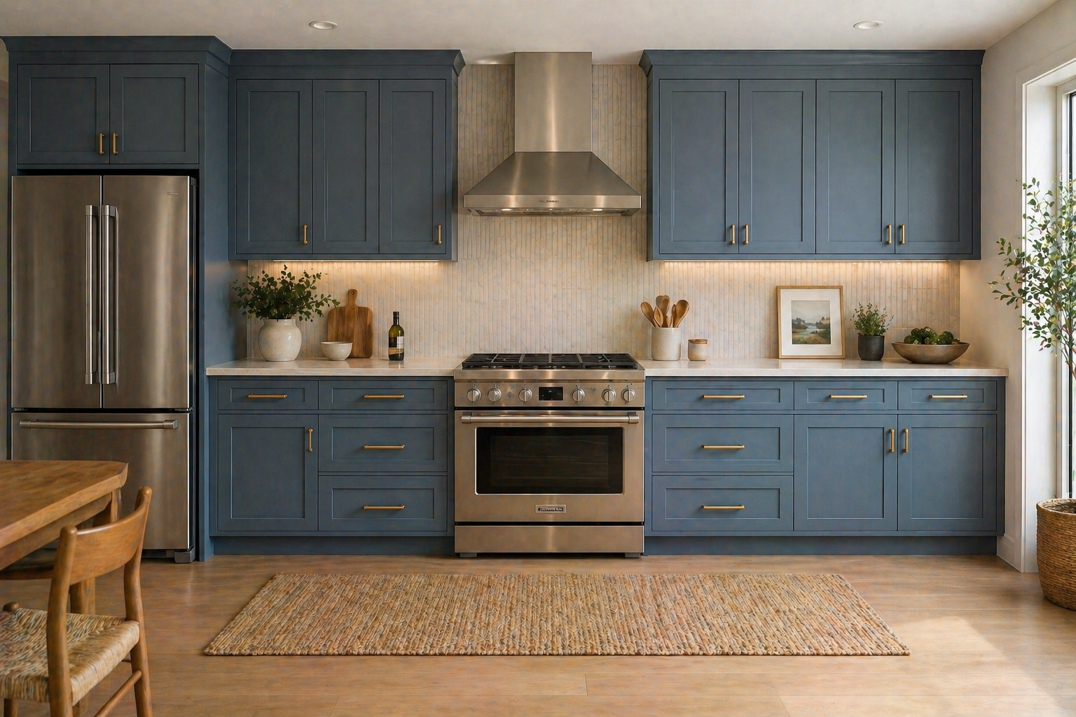 Kitchen with blue cabinets, stainless steel refrigerator and stove, white countertops, potted plant, framed picture, decorative bowl, cutting board, wooden utensils, and a window with natural light.