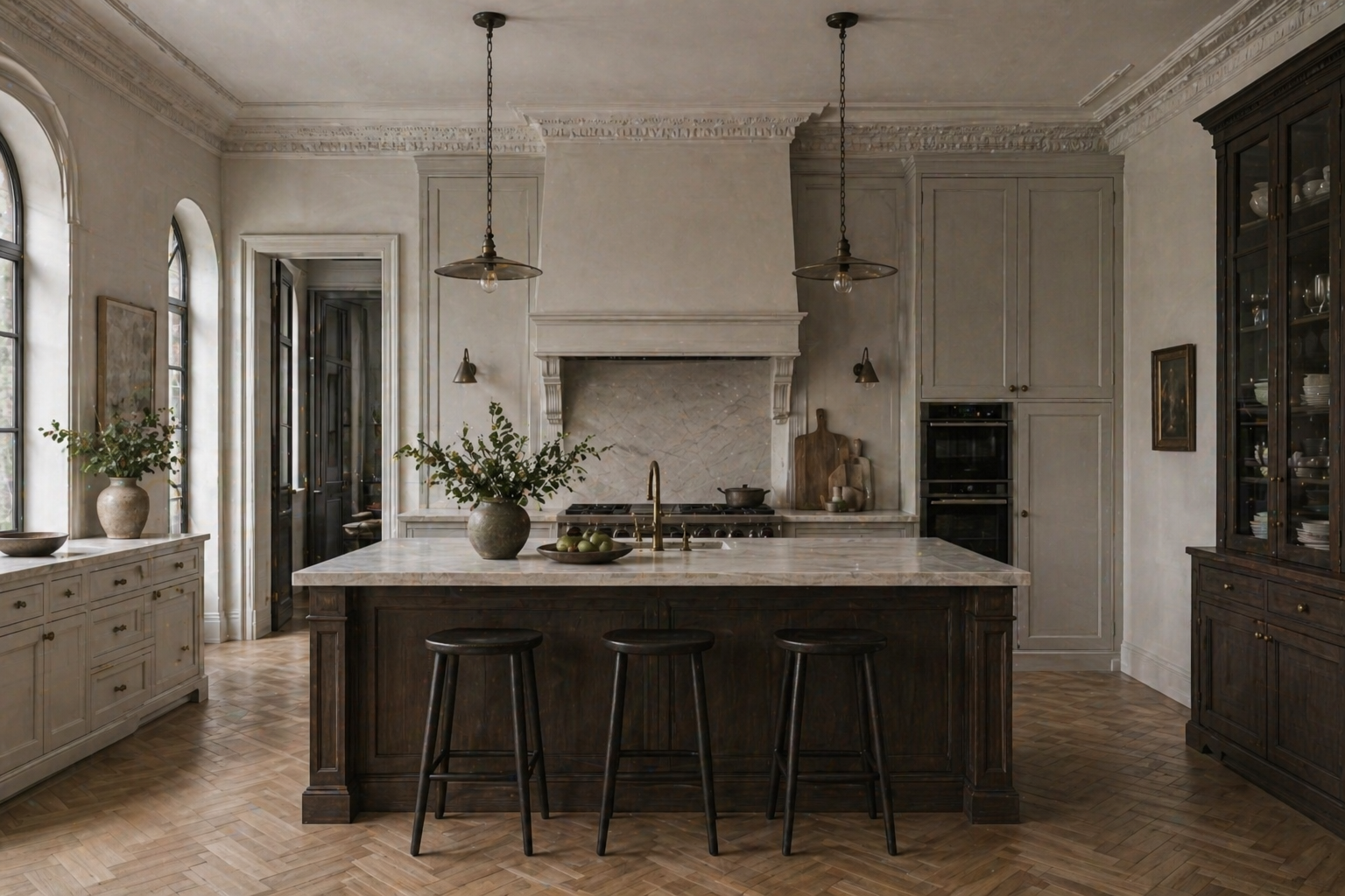 Elegant kitchen with a large dark wood island, marble countertop, and vintage-style cabinetry. Features two pendant lights, a floral centerpiece, and windows with natural light.