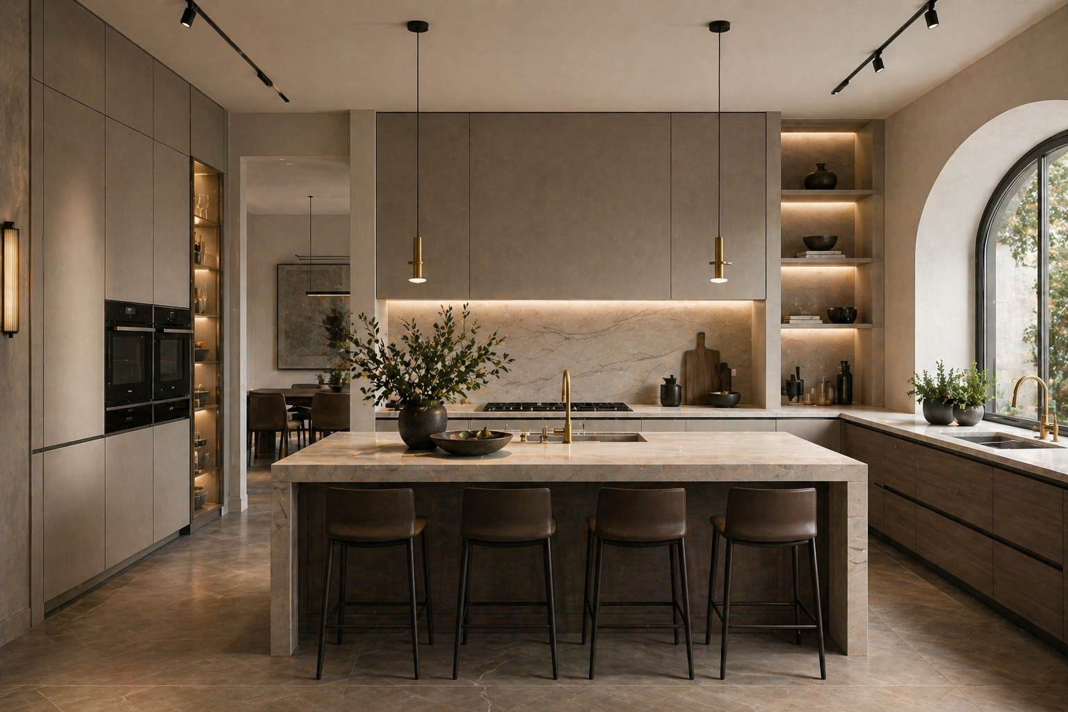 Modern kitchen with beige and brown tones, marble countertops, and a large window. It features a kitchen island with four bar stools, pendant lighting, built-in appliances, and open shelving with decorative items.