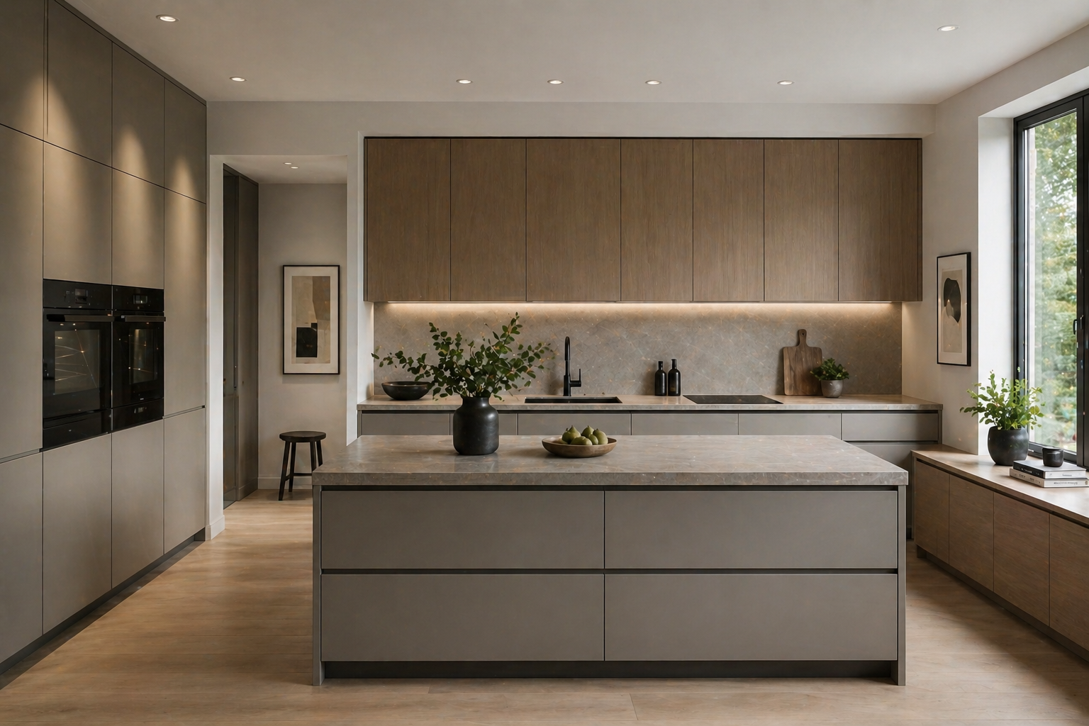Modern kitchen with gray cabinetry, a central island with a marble countertop, large window with green trees outside, and minimal decor including plants and bowls.