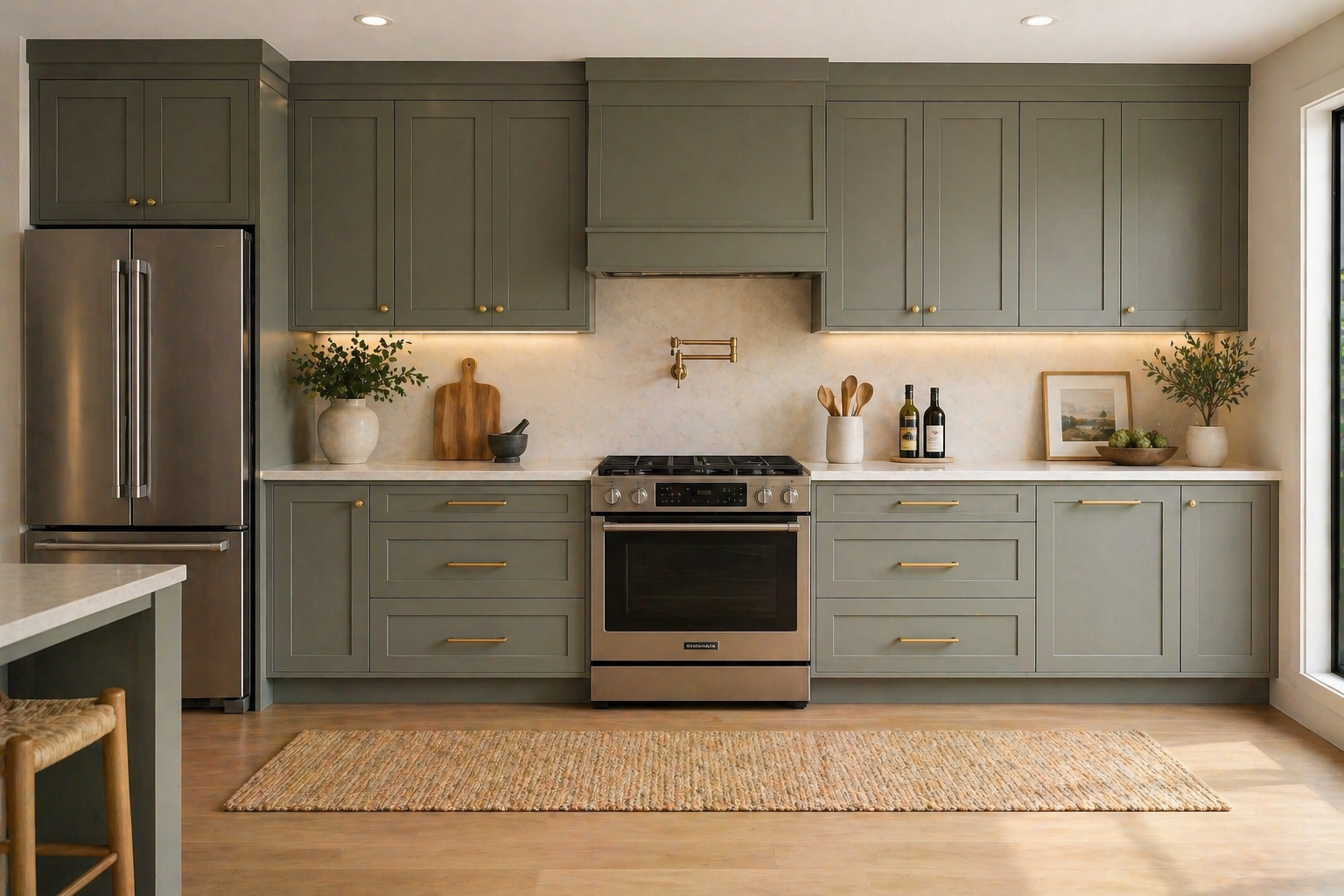 Modern kitchen with gray cabinetry, stainless steel refrigerator and stove, white countertops, and decorative plants.