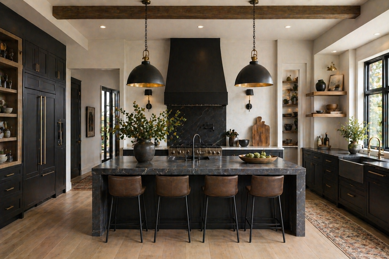 Modern kitchen with black cabinetry, a marble island, pendant lights, open shelves, and large windows.