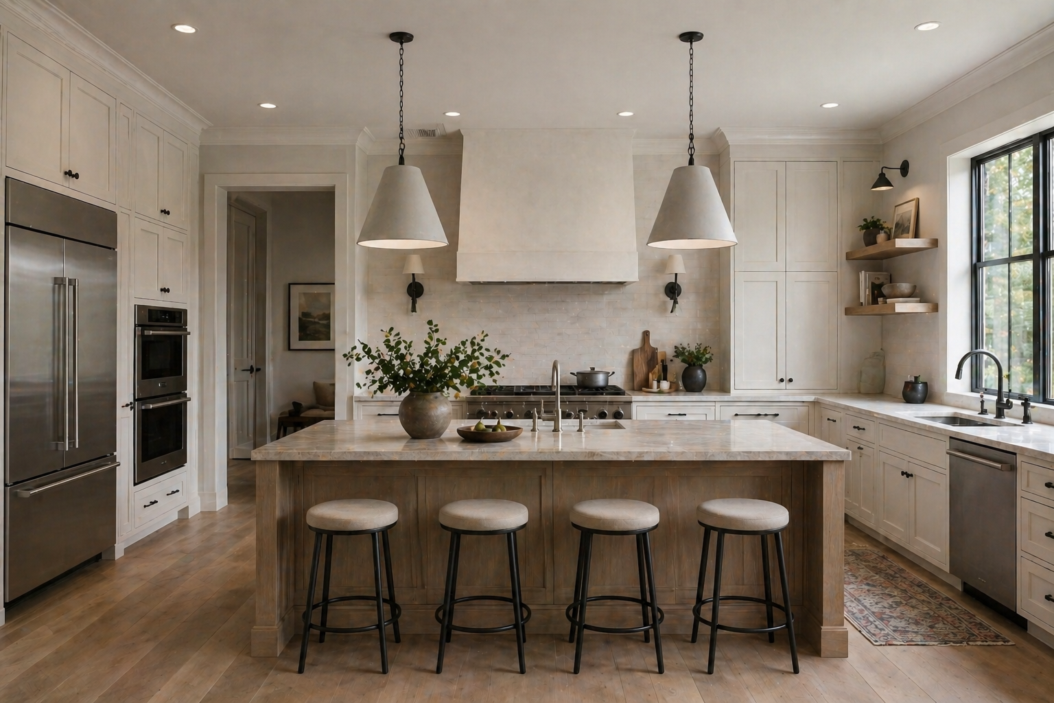 Modern kitchen with beige cabinetry, marble countertops, a central island with four stools, pendant lights, stainless steel appliances, and large windows.