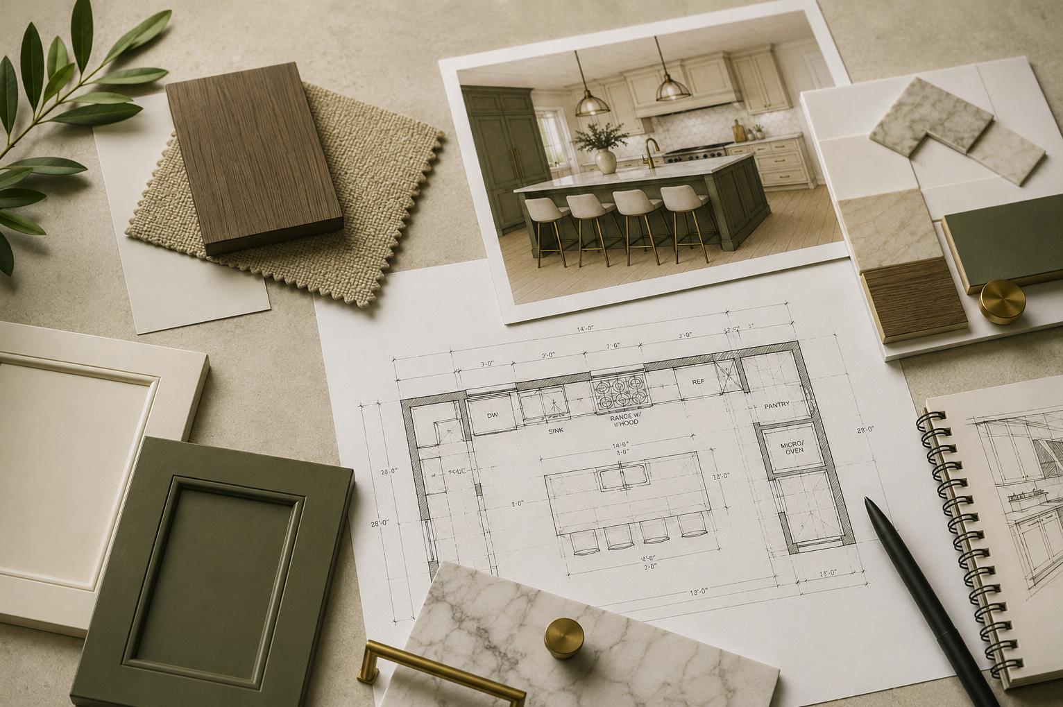 Interior design planning with kitchen photo, floor plan blueprint, sample materials, and color palette.