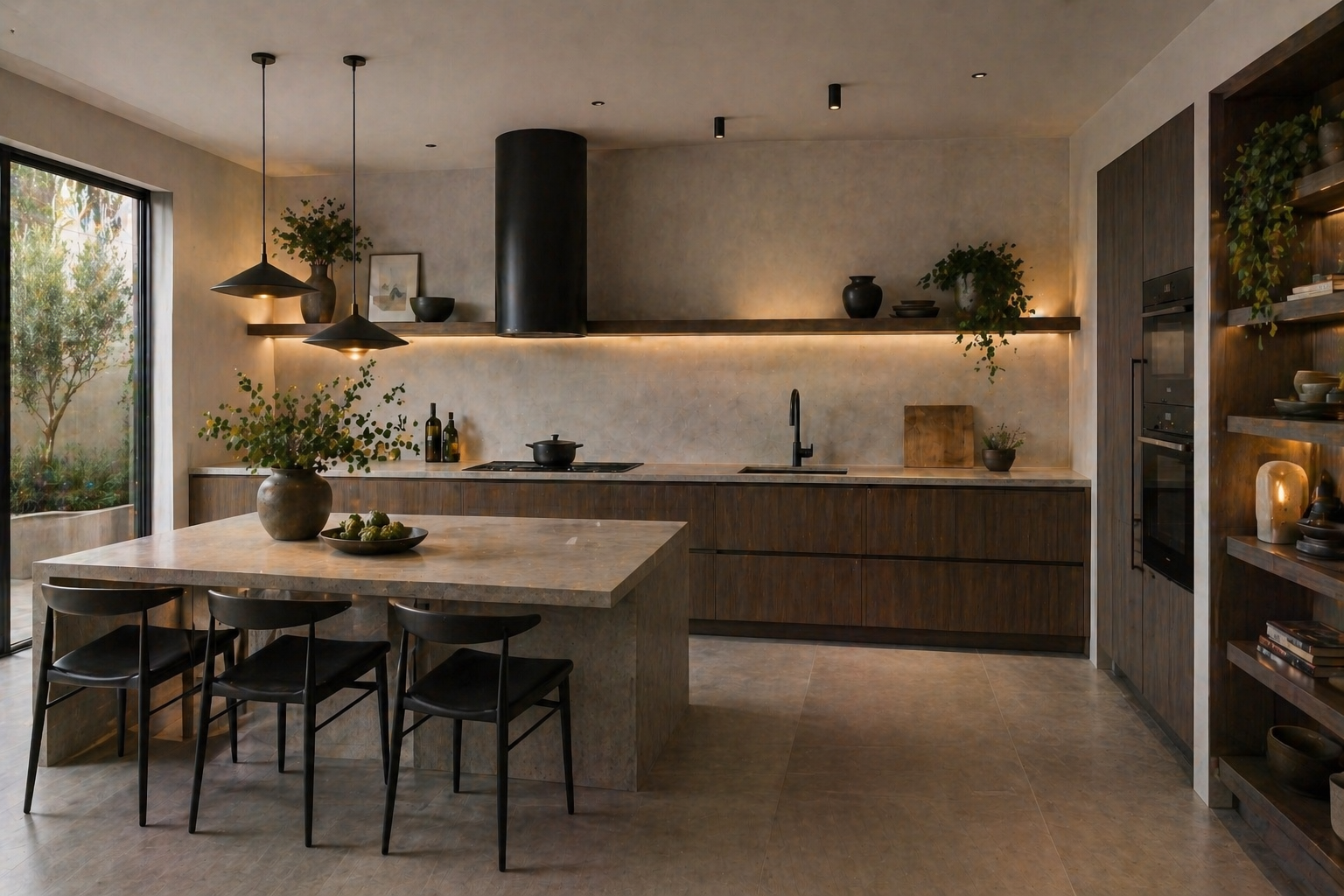 Modern kitchen with wooden cabinets, island, black pendant lights, and decorative vases with greenery.