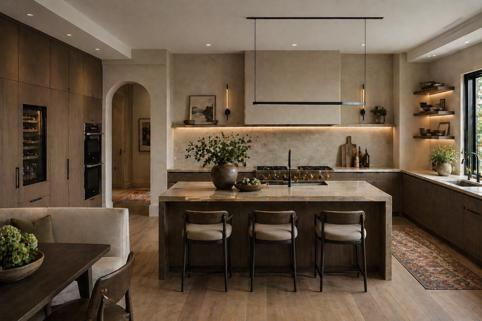 Modern kitchen with wooden cabinets, marble island, and stainless steel appliances. Decor includes vases with greenery, a bowl of vegetables, and shelves with dishes. Natural light from a large window.