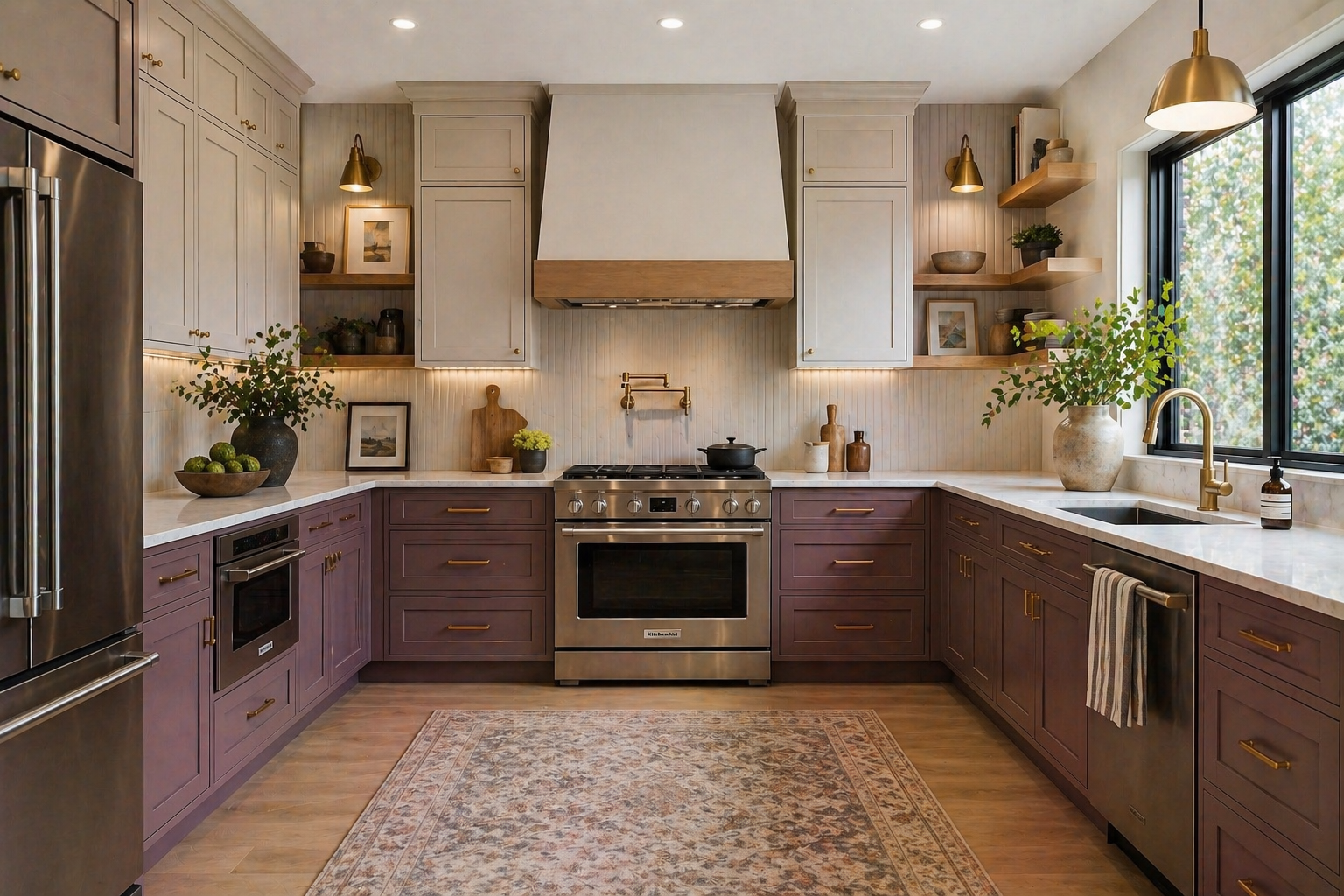Modern kitchen with purple lower cabinets, white upper cabinets, stainless steel appliances, a large window, wooden shelves, potted plants, and decorative items.