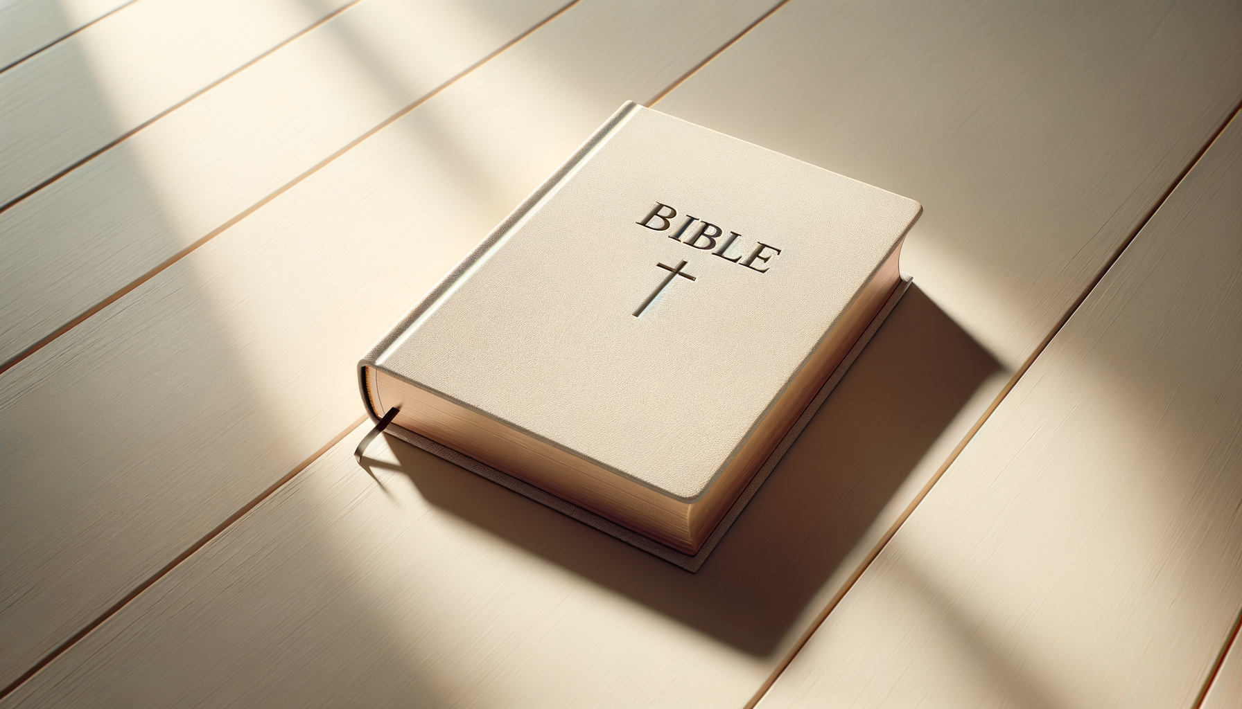 A closed white hardcover Bible with the words 'BIBLE' and a plus sign embossed in gold on the cover, resting on a light-colored wooden surface with sunlight casting shadows.