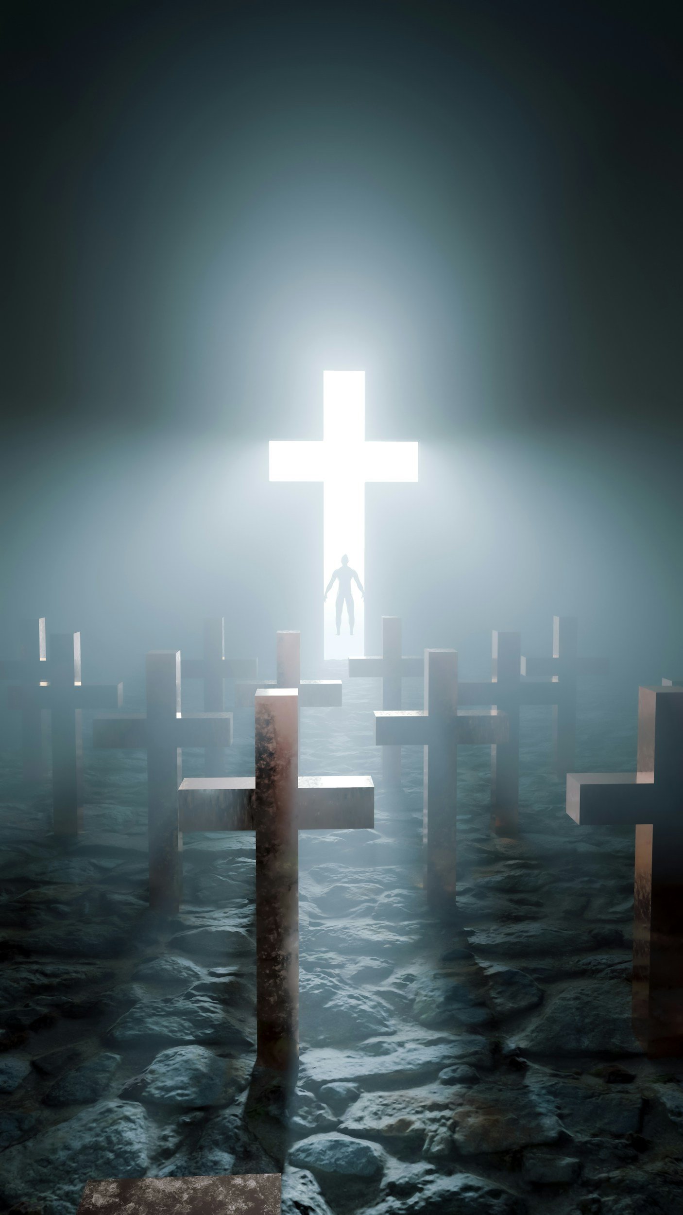 A person standing in front of a large illuminated cross with water and rocks in the foreground.