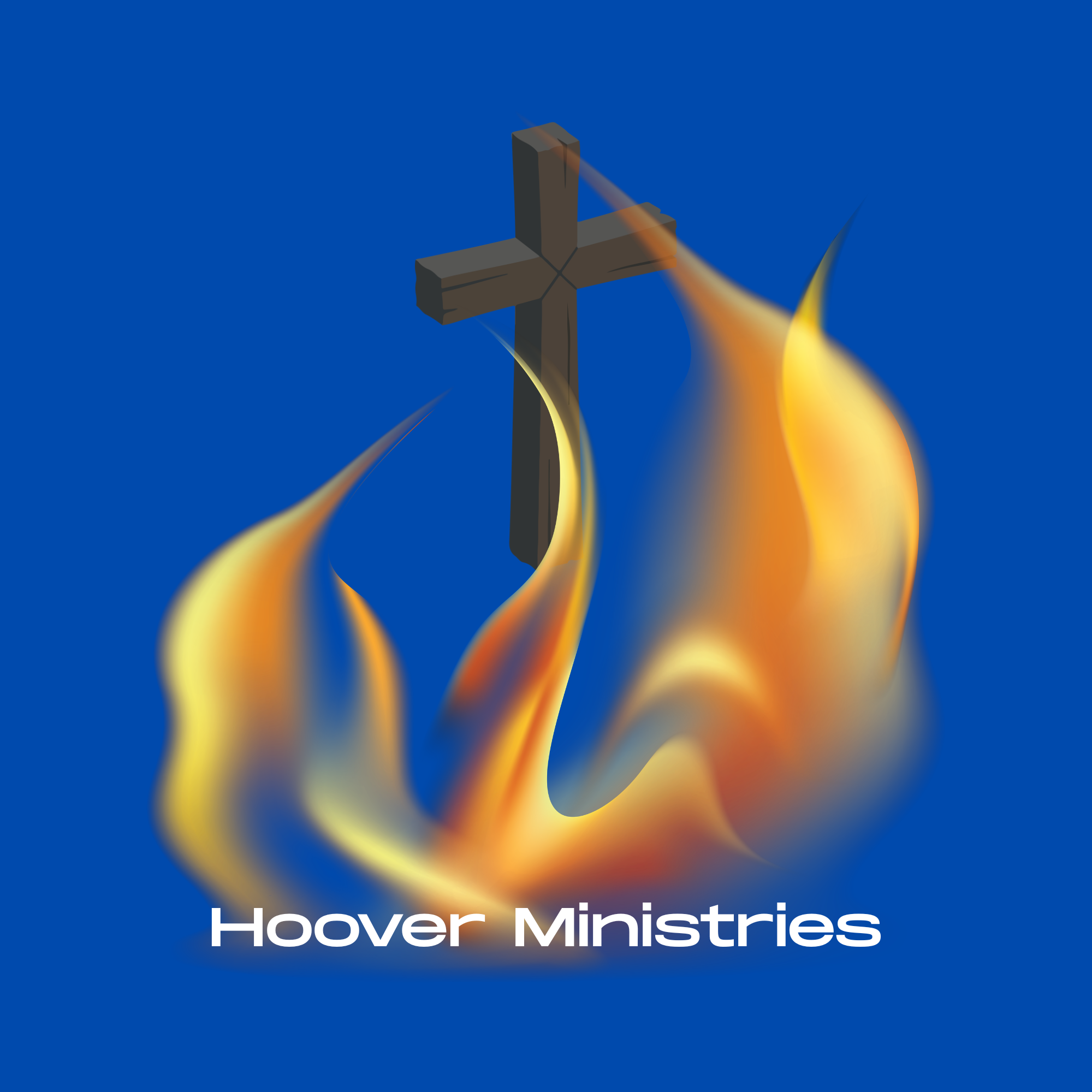 Cover image for Hover Ministries featuring a stylized cross with flames and a blue background, with the text 'Hover Ministries' at the bottom.
