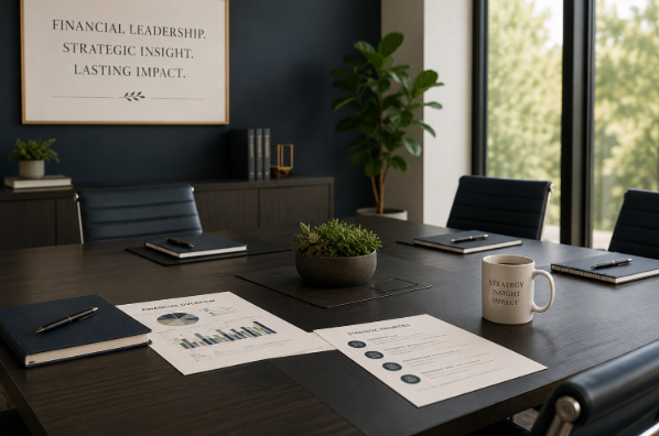 Boardroom table with strategic reports