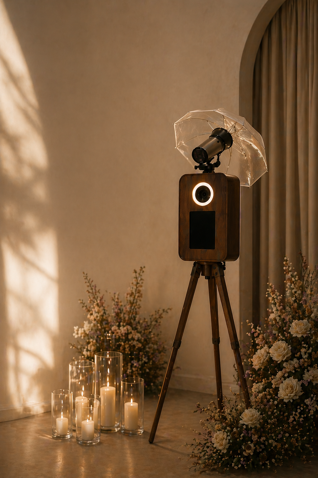 A vintage wooden photo booth with a round light around the camera lens, standing on tripod legs. An umbrella with a light attached is mounted on top of the booth. Surrounding the booth are lit candles inside glass holders and floral arrangements with white and pink flowers.