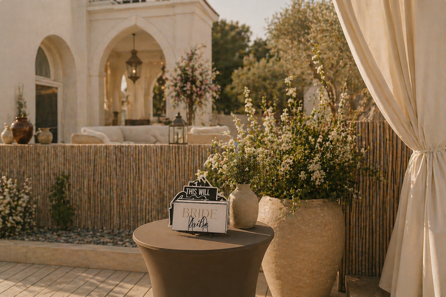 A wedding reception area with a small round table holding a sign that reads 'BRIDE & Groom' next to a large vase of white flowers. In the background, there are decorative vases, a couch, and outdoor architecture with arched doorways and lanterns, all illuminated by warm lighting.
