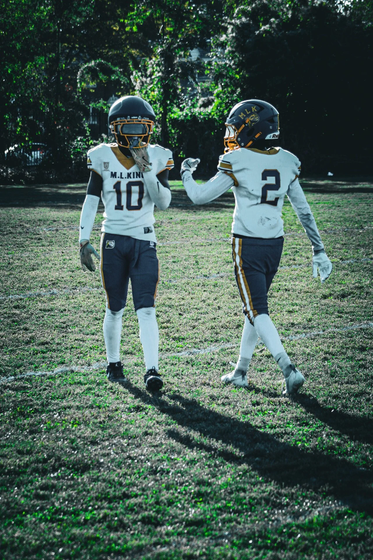 Two football players in uniform sharing a fist bump on a grassy field during daytime, trees in the background.