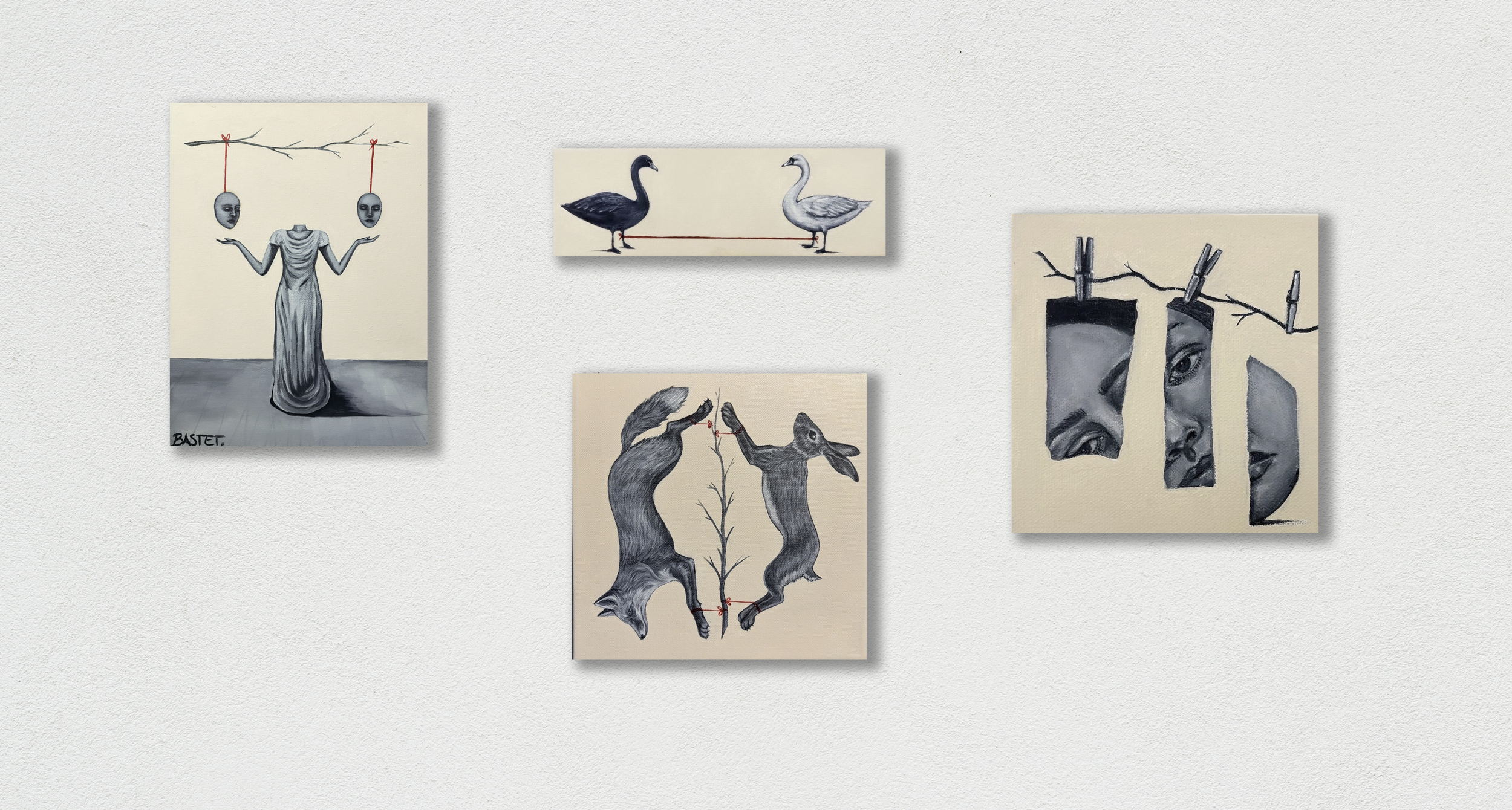 A collection of five surreal art paintings on a white textured wall. The artworks feature distorted faces, animals, and abstract scenes in shades of gray and black.