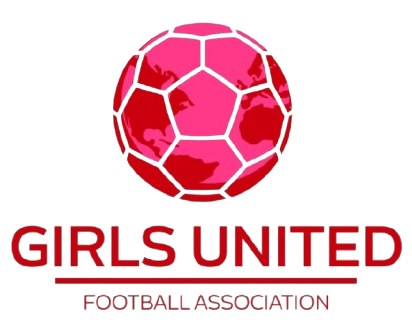 Logo of Girls United Football Association featuring a red and pink soccer ball with text 'GIRLS UNITED' and 'FOOTBALL ASSOCIATION' underneath.