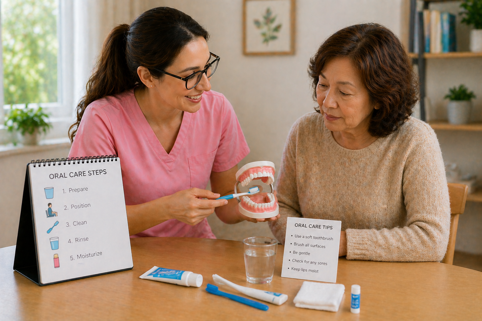 An SLP teaching an caregiver about oral care, preventing aspiration, dysphagia, caregiver education on