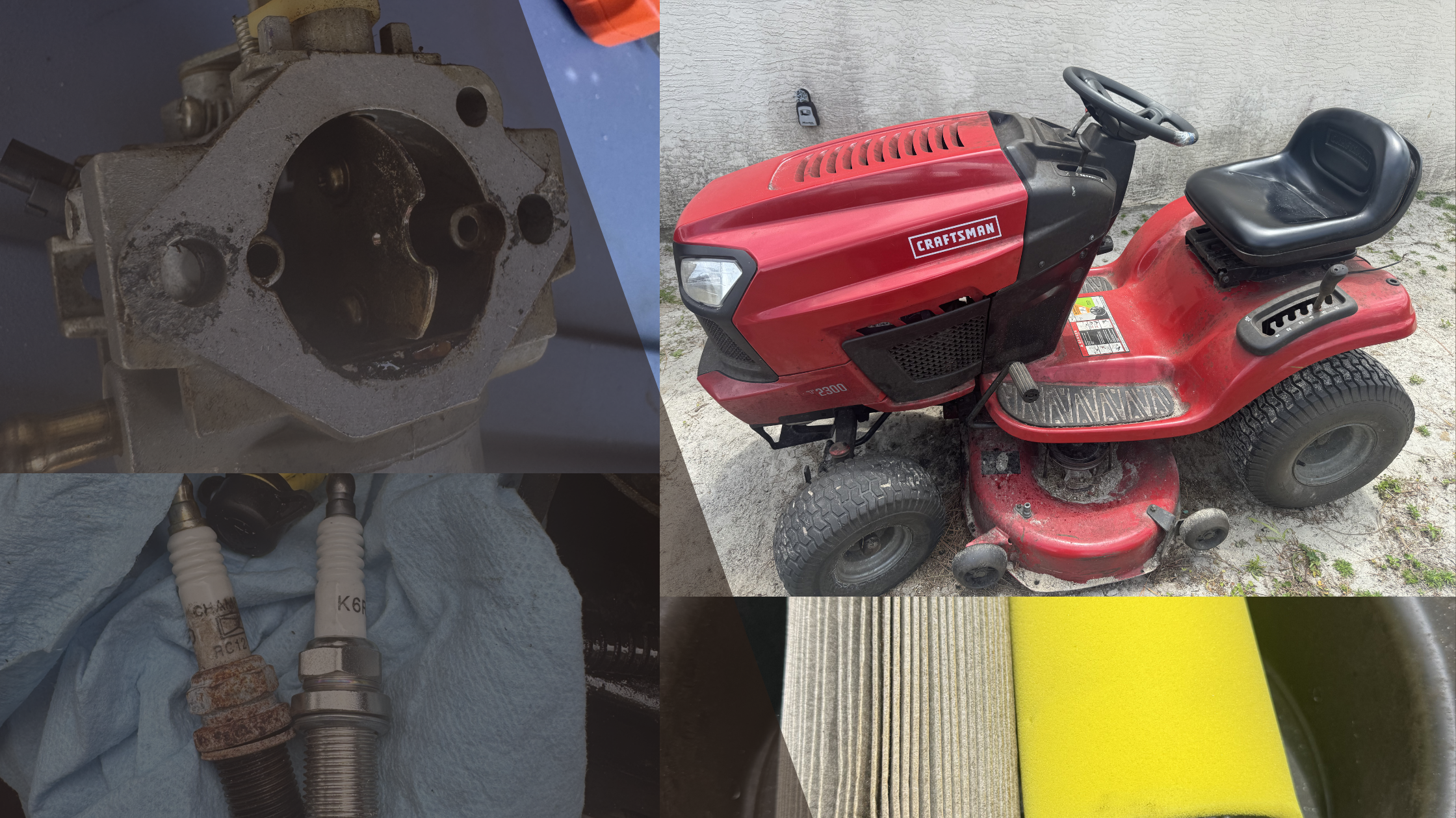 A collage of four images: the first shows a metal engine part, the second depicts a red Craftsman ride-on lawn mower, the third displays spark plugs, and the fourth includes a textured surface with a yellow and a green object.