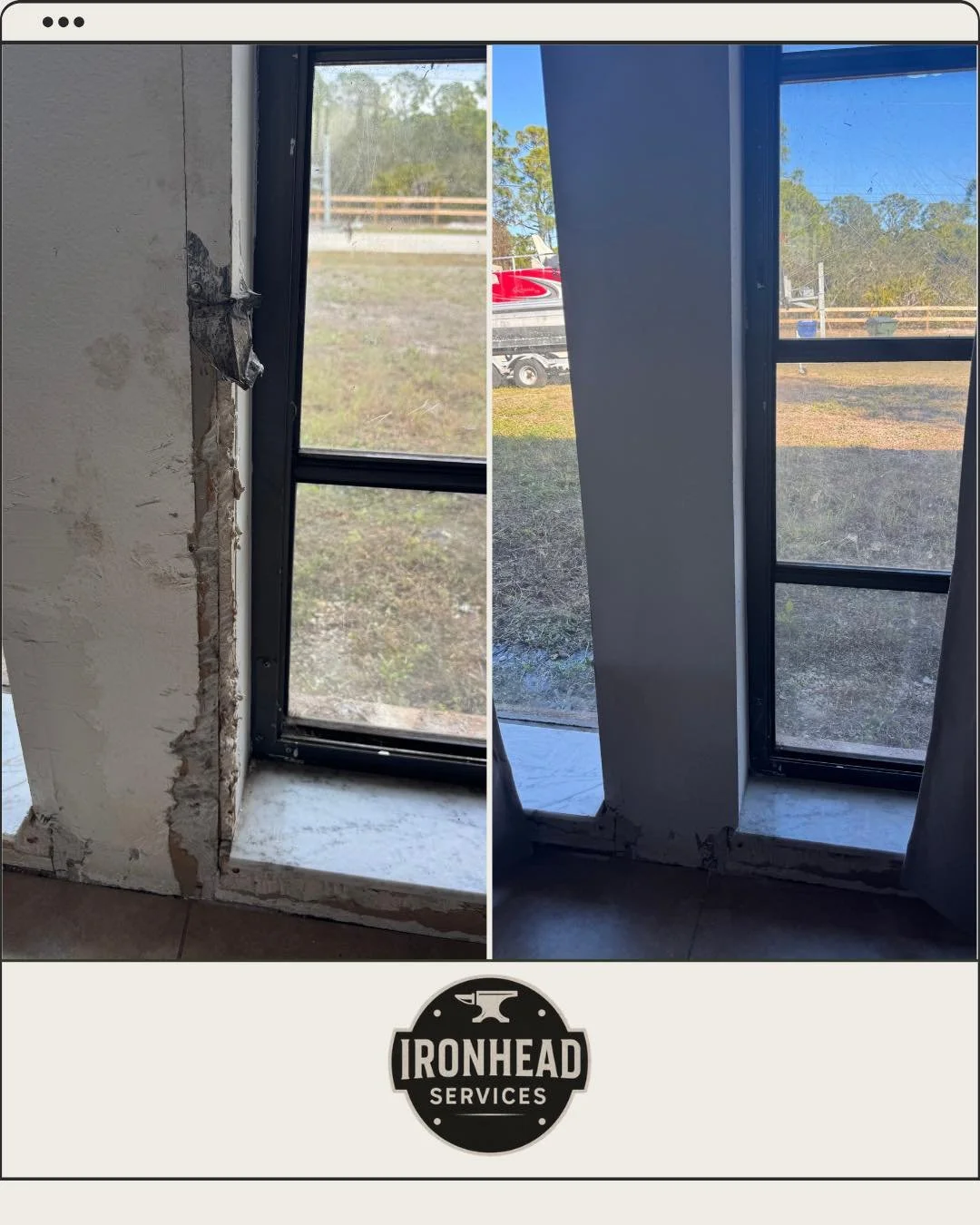 Comparison of a damaged window frame with plaster and part of wall removed on the left, and a repaired, painted window frame with new drywall on the right. Logo of Ironhead Services at the bottom.