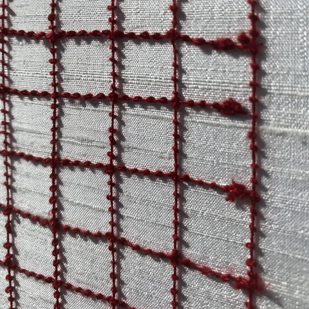 Close-up of a decorative red grid or netting on a white background.