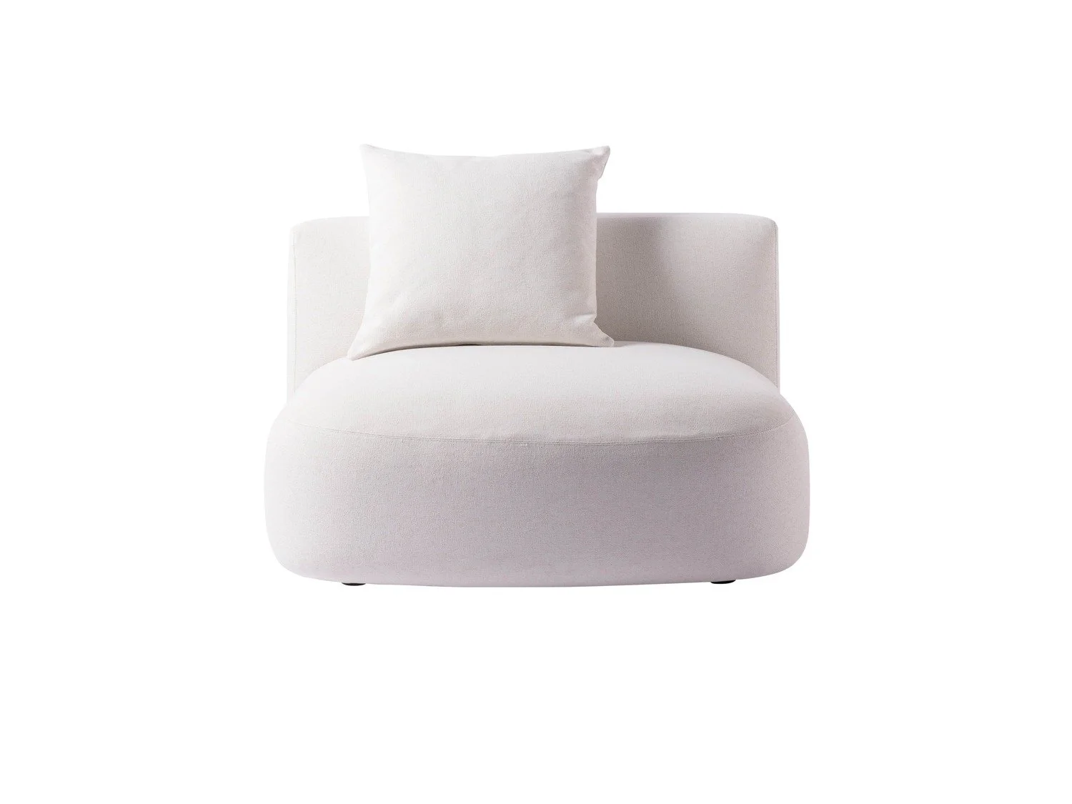 A white, modern, upholstered armchair with a single white pillow on it, against a plain white background.